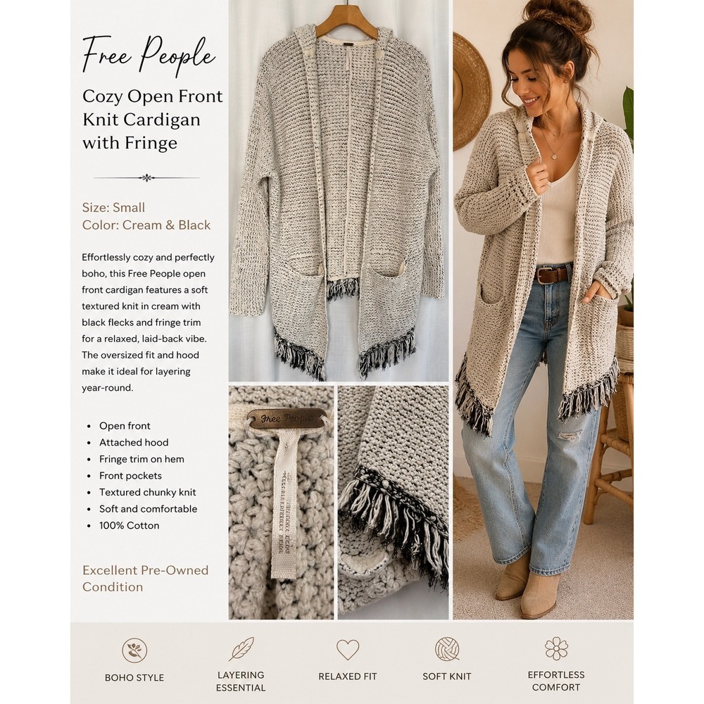 Free People Cream Black Marled Fringe Hooded Cardigan Sweater Small Open Front